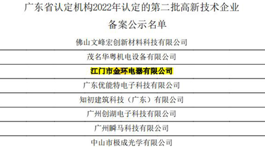 好消息！金環(huán)電器再次通過國家級“高新技術企業(yè)”認定